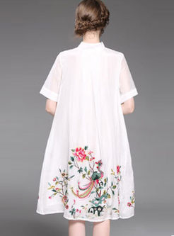 Vintage Embroidered Stand Collar Loose Shift Dress