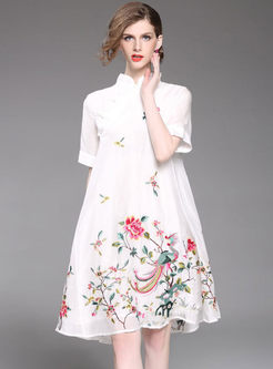 Vintage Embroidered Stand Collar Loose Shift Dress