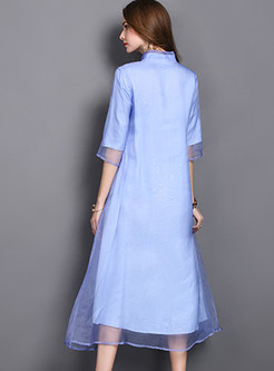 Mesh Silk Embroidered Stand Collar Half Sleeve Shift Dress