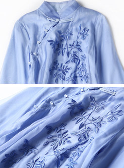 Mesh Silk Embroidered Stand Collar Half Sleeve Shift Dress