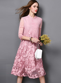 Embroidered Silk Stand Collar Three Quarters Sleeve Pink Shift Dress