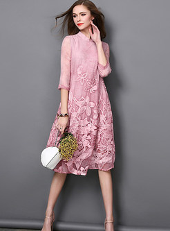 Embroidered Silk Stand Collar Three Quarters Sleeve Pink Shift Dress
