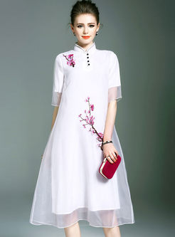 Vintage Embroidered Improved plum flower Shift Dress