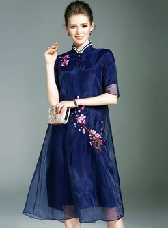 Vintage Embroidered Improved plum flower Shift Dress