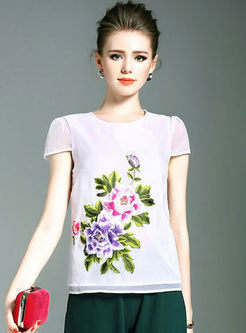 Casual Embroidered O-neck Short Sleeve Blouses
