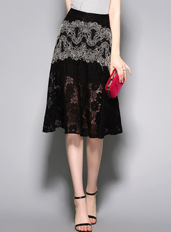 Stylish Lace Embroidered Hollow Out Black Skirt
