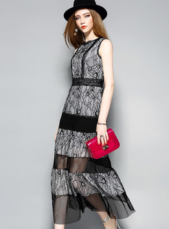 Lace Mesh Stitching Hit Color Sleeveless Maxi Dress