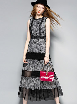 Lace Mesh Stitching Hit Color Sleeveless Maxi Dress