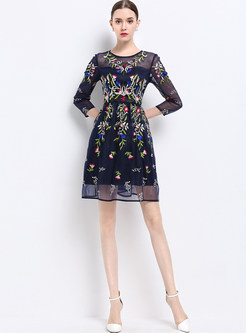Mesh Embroidered Slim Three Quarters Sleeve Skater Dress With Underskirt