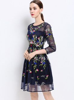 Mesh Embroidered Slim Three Quarters Sleeve Skater Dress With Underskirt