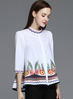 Cotton Embroidered Stand Collar Long Sleeve Blouse