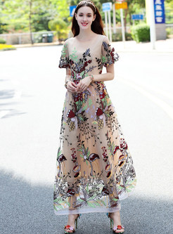 Ethnic Embroidered See Through Short Sleeve Maxi Dress With Underskirt