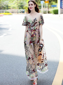 Ethnic Embroidered See Through Short Sleeve Maxi Dress With Underskirt