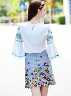 Flower Embroidered Flare Sleeve Blouse & Mini Embroidered Skirt