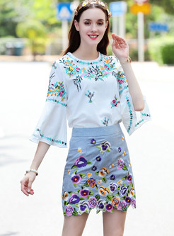 Flower Embroidered Flare Sleeve Blouse & Mini Embroidered Skirt