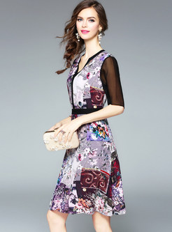 Floral Print Silk Gathered Waist Half Sleeve Skater Dress