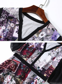 Floral Print Silk Gathered Waist Half Sleeve Skater Dress