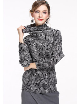 Brief Floral Print Turtle Neck Long Sleeve T-shirt