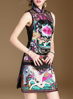 Vintage Embroidered Stand Collar Sleeveless Bodycon Dress
