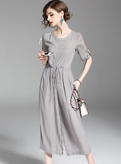Pure Color Silk Stitching Short Sleeve Jumpsuits