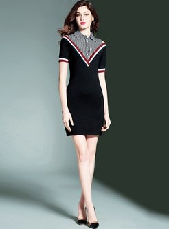 Slim Lapel Color-blocked Striped Bodycon Dress