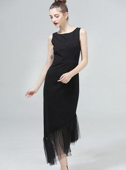 Sexy Tassel Patch Slim Asymmetric Black Maxi Dress