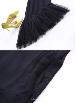 Sexy Tassel Patch Slim Asymmetric Black Maxi Dress