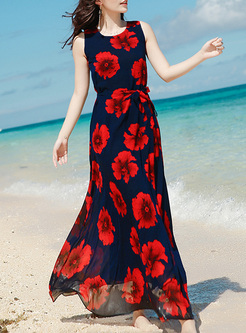 Chiffon Flower Print Waist Maxi Dress