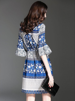 Ethnic Print Flare Sleeve A-line Dress