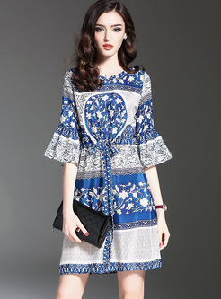 Ethnic Print Flare Sleeve A-line Dress
