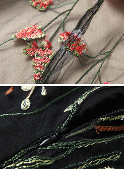 Elegant Mesh Embroidery Lantern Sleeve Skater Dress