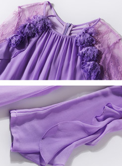 Off Shoulder Gathered Waist Lotus Leaf Sleeve Purple Maxi Dress