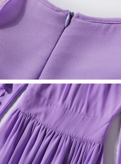 Off Shoulder Gathered Waist Lotus Leaf Sleeve Purple Maxi Dress