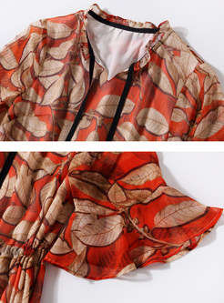 Leaf Print Bowknot Belt Flare Sleeve Maxi Dress