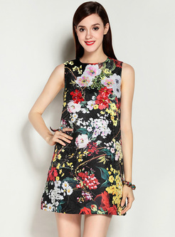Vintage Floral Print Sleeveless Shift Dress