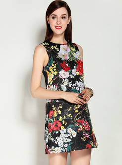 Vintage Floral Print Sleeveless Shift Dress