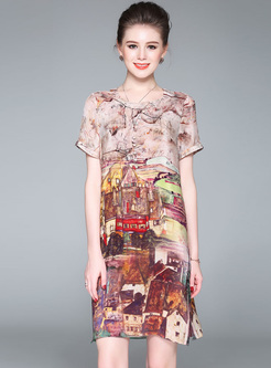 Retro Landscape Print Split Shift Dress