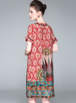 Ethnic Floral Print Tied-collar Shift Dress
