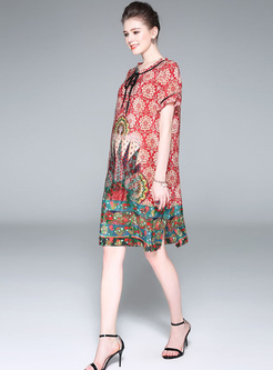 Ethnic Floral Print Tied-collar Shift Dress