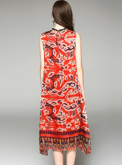 Loose Ethnic Print Silk Shift Dress