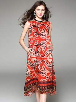 Loose Ethnic Print Silk Shift Dress