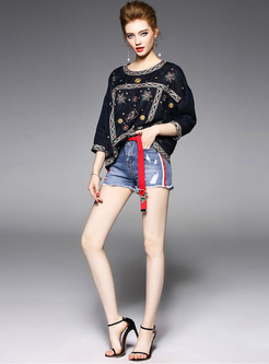 Ethnic Multicolor Embroidery Bat Sleeve T-shirt