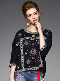 Ethnic Multicolor Embroidery Bat Sleeve T-shirt