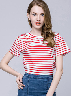 Cotton Striped O-neck Short Sleeve T-shirt
