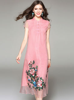 Vintage Embroidered Stand Collar Short Sleeve Shift Dress