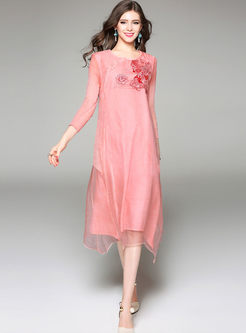Brief Embroidered O-neck Three Quarters Sleeve Loose Shift Dress 