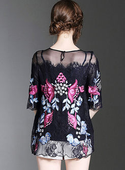 Sexy Lace Splicing Embroidered O-neck Blouse 