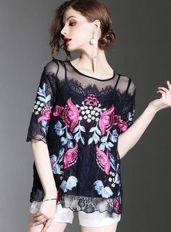 Sexy Lace Splicing Embroidered O-neck Blouse 
