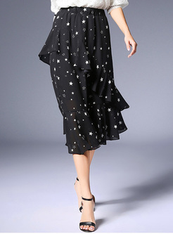 Black Star Print Asymmetric Skirt
