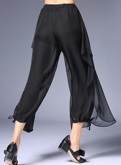Black Elastic Waist Asymmetric Mesh Pants